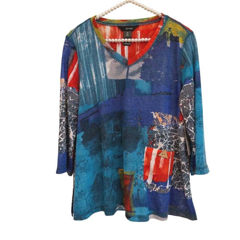 NWT Ali Miles Petite Medium Abstract Art To Wear V-Neck Top Knit Pocket Tunic PM